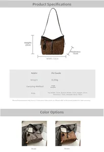 Detailed size chart for leopard print tote bag with strap and material specifications