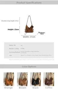 Detailed size specifications and color comparison of large capacity retro PU tote bag
