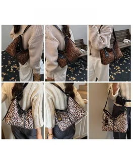 Detailed views of leopard print tote bags in brown and beige colors with black leather straps