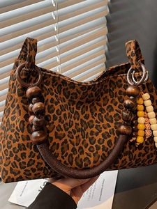 Sac Fourre-tout Vintage Imprimé Léopard pour Femmes avec Poignée en Perles de Bois Sac à Épaule en Cuir PU Mode Sac sous le bras