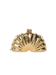 Pochette de soirée dorée en forme de coquille avec texture plissée et chaîne métal