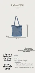 Detailed size specifications and weight info for the blue denim heart tote bag