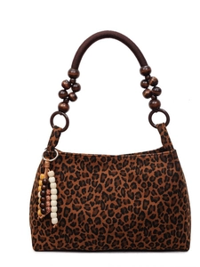 Grand sac cabas léopard avec poignées en perles de bois et pompons bohèmes rétro