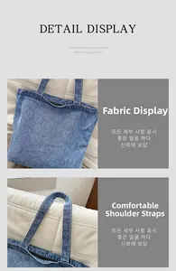 Detail view of denim tote bag with white heart prints and reinforced shoulder straps