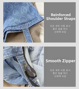 Detail of reinforced shoulder strap stitching and smooth metal zipper on blue denim tote