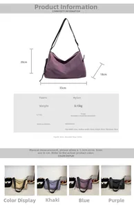 Detailed size chart for large nylon crossbody bag with dimensions and color options