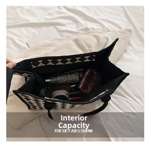 Macro view of checkered canvas tote bag interior showing large capacity storage