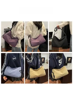 Collage showing adjustable straps and four color options of this large nylon crossbody bag