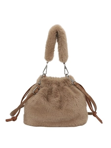 Sac seau marron en peluche douce avec cordon de serrage et poignée moelleuse