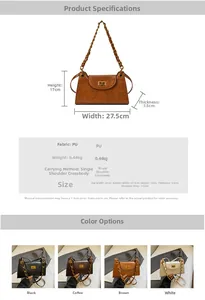 Detailed size specifications and color options for the vintage PU leather chain shoulder bag