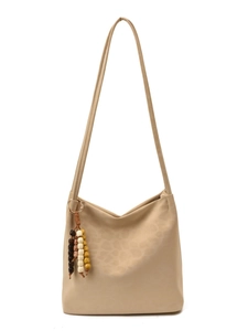 Minimalist beige leopard print shoulder bucket bag with stylish wooden bead tassel charm