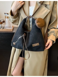Vintage frosted black hobo tote with brown leather strap and contrast stitching