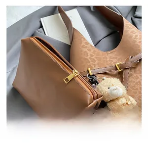 Brown faux suede hobo bag set with leopard print texture and cute bear charm detail