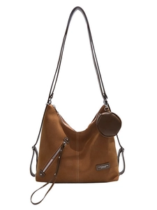 Retro brown frosted leather tote bag with long straps and a small round coin purse