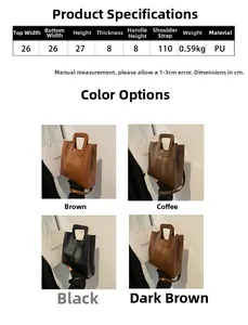 Size chart and dimensions for the retro PU leather bucket handbag with shoulder strap