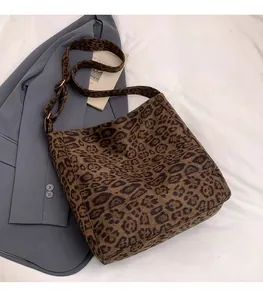 Detail of adjustable wide shoulder strap and leopard print texture on hobo tote bag