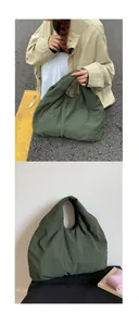 Outdoor and indoor detail of a large green nylon tote bag with slouchy dumpling shape