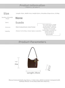 Size guide for vintage suede tote bag showing dimensions 29x9x20cm and capacity details