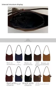 Internal zipper pocket detail and five color options for this suede hobo bucket bag