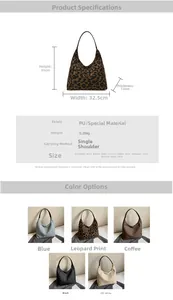 Detailed sizing chart and material specs for the leopard print large capacity tote bag