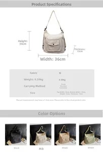 Detail view of large canvas bag size guide and four color options in 36x33x13cm