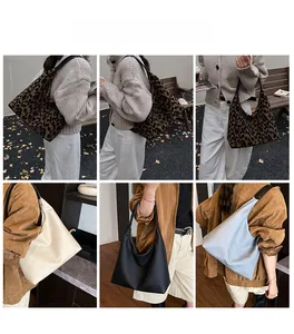Collage of large vintage tote bags in leopard print, beige, and blue with black straps