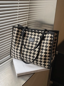 Korean Style Large Capacity Canvas Tote Bag Rhombus Houndstooth Patterned Women Commuter Shoulder Bag Lightweight Shopping Bag