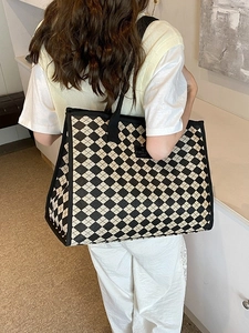 Large capacity canvas tote bag with black and white checkered pattern and wide straps