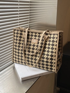 Classic checkered canvas tote bag with large capacity and vintage leather patch detail