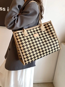 Large capacity checkerboard tote bag with brown canvas grid and leather detail for women