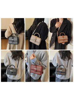 Multiple color options of woven crossbody bags shown on models for stylish outfit matching