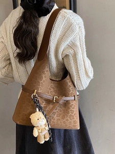 Brown leopard print large tote bag with cute bear charm for daily commute and leisure