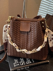 Women Vintage Woven PU Leather Bucket Bag With Scarf Chain Handle Elegant Crossbody Shoulder Bag Stylish Handwoven Handbag