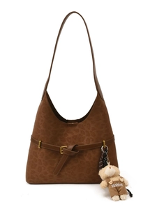 Brown leopard pattern shoulder bag with a teddy bear charm and gold buckle accent