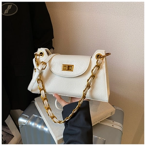 Detail view of white pleated leather bag with gold chain strap and vintage metal lock closure