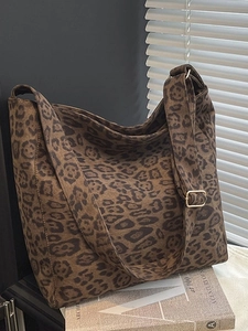 Retro Leopard Print Tote Bag Women Large Capacity Fabric Shoulder Crossbody Bag Adjustable Wide Strap Casual Fashion Handbag