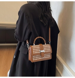 Close-up of woven checkered handbag with twisted rope handle and metallic H-clasp