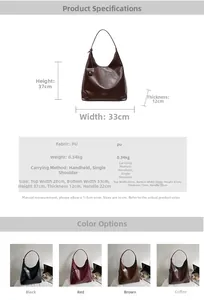 Detailed size chart and specifications for the minimalist PU leather shoulder tote bag