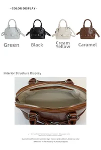 Detail view of mini shell bag colors and internal storage layout with bow accent