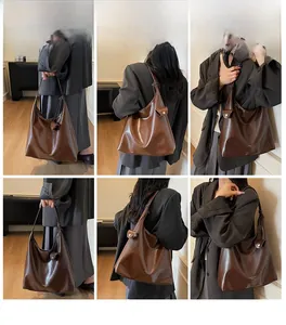 Vue détaillée du grand sac cabas en cuir ciré marron foncé sous plusieurs angles