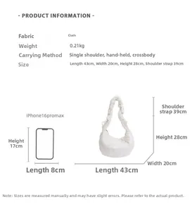 Tableau des tailles détaillé pour sac croissant blanc matelassé avec dimensions de 43cm