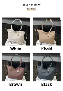 Four-color display of large tote bags in white, khaki, brown, and black lychee grain
