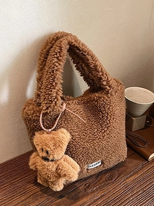 Sac Seau en Peluche de Laine d'Agneau Synthétique pour Femmes Sac à Bandoulière Doux Avec Porte-clés Ours Tendance