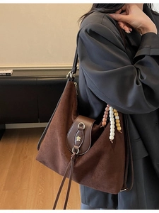 Retro brown oversized suede tote bag with floral metal buckle and beaded charm for women