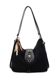 Retro black frosted tote bag with floral metal buckle and ethnic beaded tassel