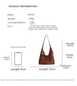 Brown suede tote dimensions 33x23cm with small pouch and iPhone size comparison