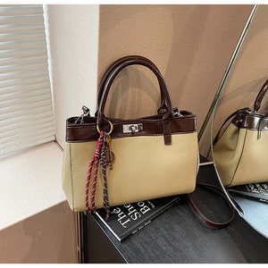 Close-up of retro color-block handbag with brown patent leather handles and silver twist lock