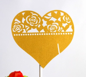 Glittery gold hollow rose heart cake topper with white stick for party decoration