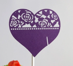 Purple heart cake topper with hollow rose lace pattern and white support stick