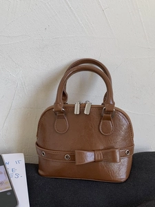 Vintage Shiny PU Leather Bow Shell Bag For Women Fashion Small Shoulder Crossbody Handbag With Metal Eyelets Elegant Top Handle Bag